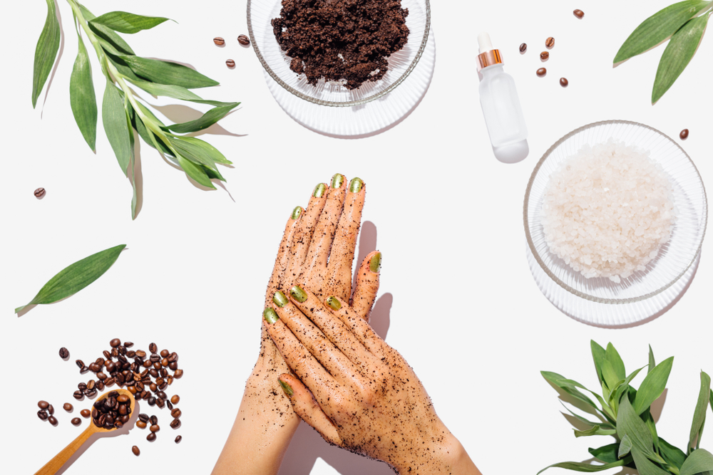 Woman's,Hands,Massaging,Natural,Homemade,Coffee,Scrub,With,Coconut,Oil